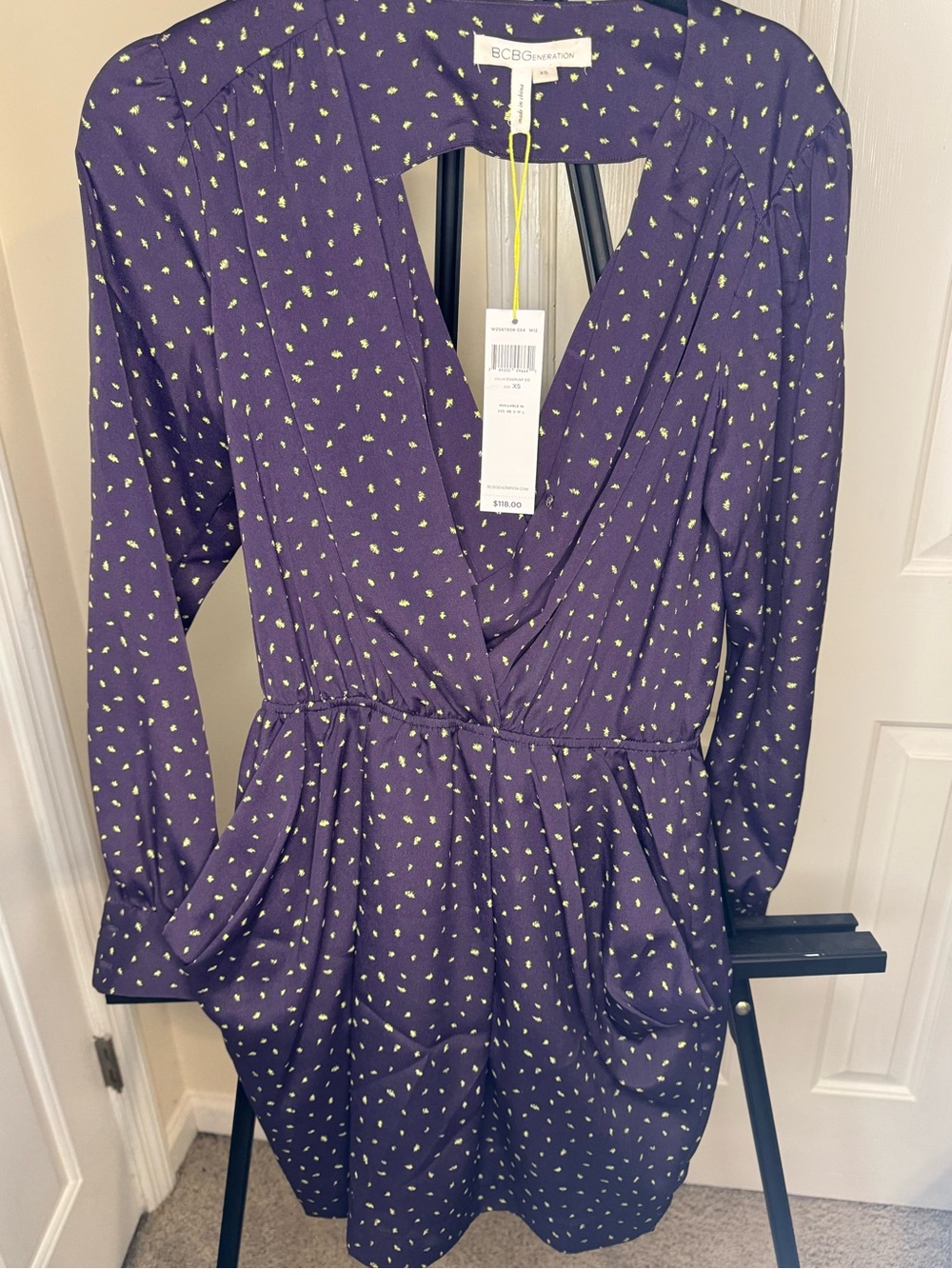 BCBGeneration Purple Long-Sleeve Printed Wrap Dress